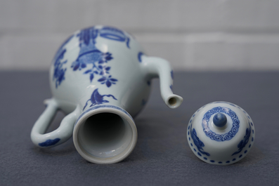 A Chinese blue and white ewer and cover with 'antiquities' design, Kangxi